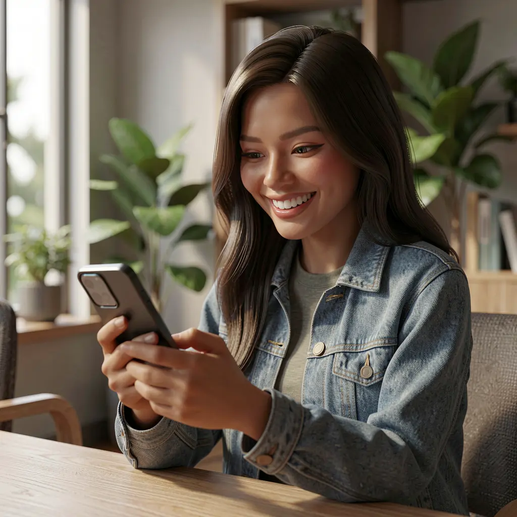 Indonesian woman smiling while exploring casino games on the CK789 mobile app with a modern casual outfit and cinematic lighting
