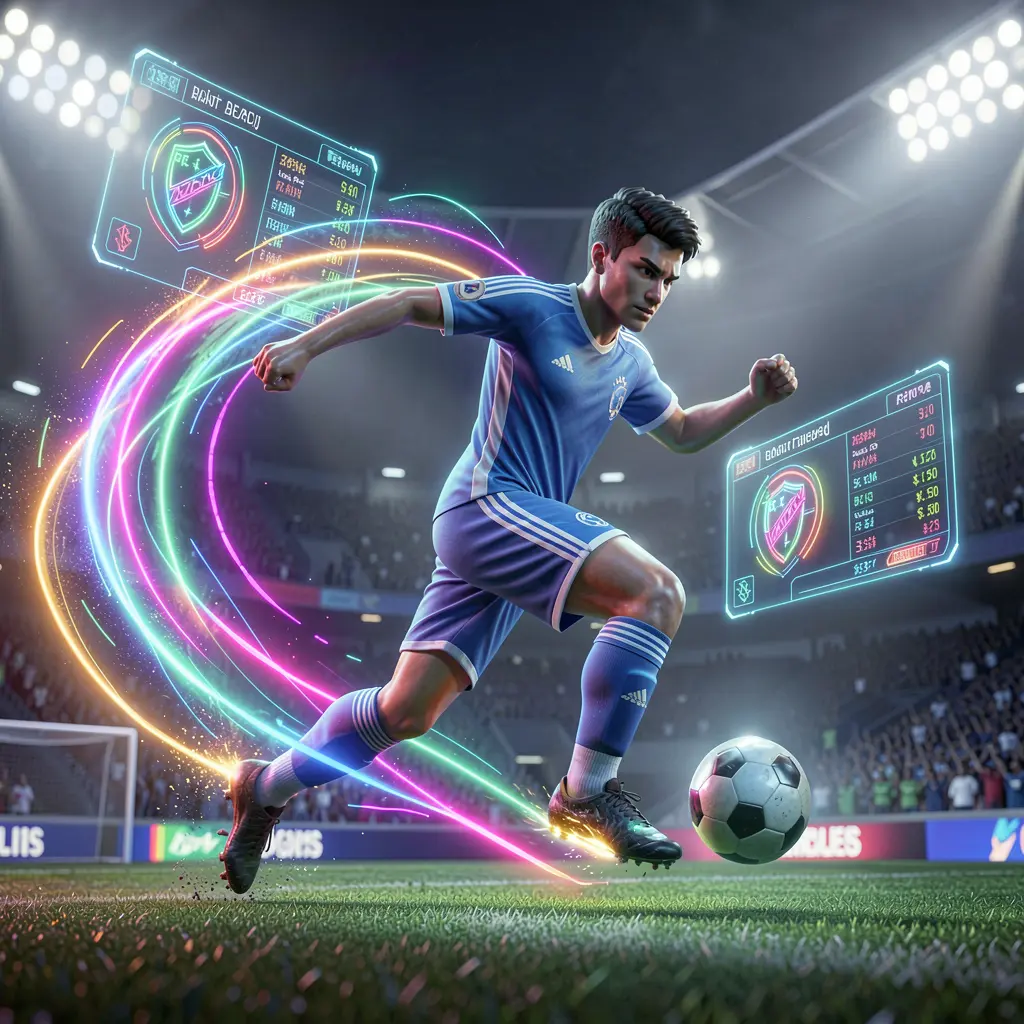 Futuristic soccer player surrounded by glowing stadium lights and digital interfaces representing real time sports betting on CK789 in Indonesia