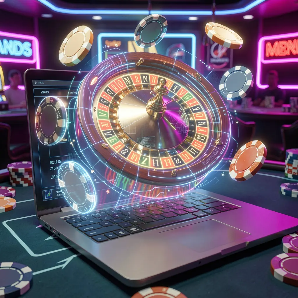 Modern roulette wheel with vibrant neon lights and floating casino chips illustrating the high energy live casino experience at CK789 Indonesia