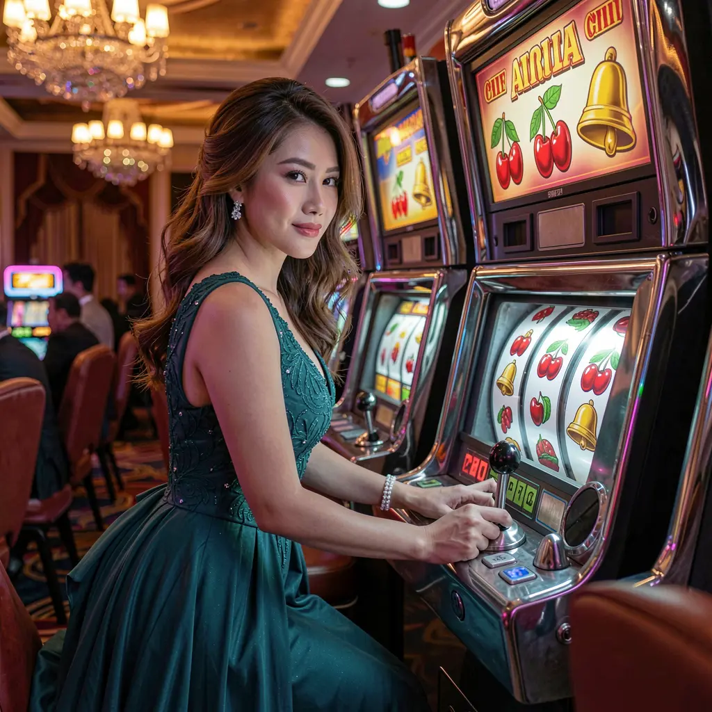 Stylish Indonesian woman in an elegant evening dress playing a glowing slot machine with cherries and bells on CK789 casino platform